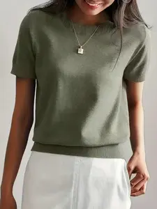 Round Neck Solid Color Fine Knit Short Sleeve Top, Minimalist Versatile Summer Basic Underwear, High-End Commute Essential Knitted Shirt Knitwear