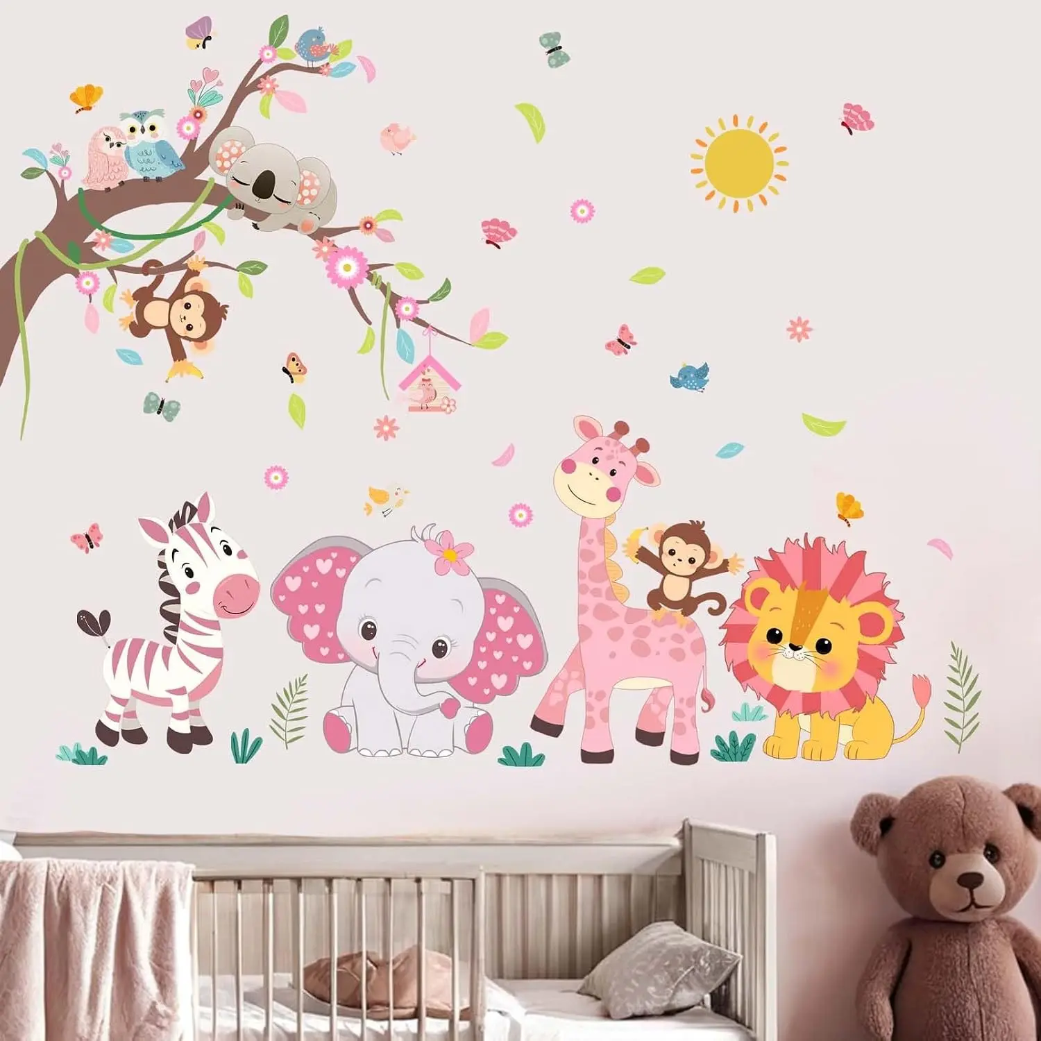 Pink Forest Baby Animals Wall Decals - Elephant Lion Giraffe Monkey Zebra Nursery Wall Stickers for Kids Room Decor, Girls Boys Bedroom Daycare Playroom Classroom(Gift)