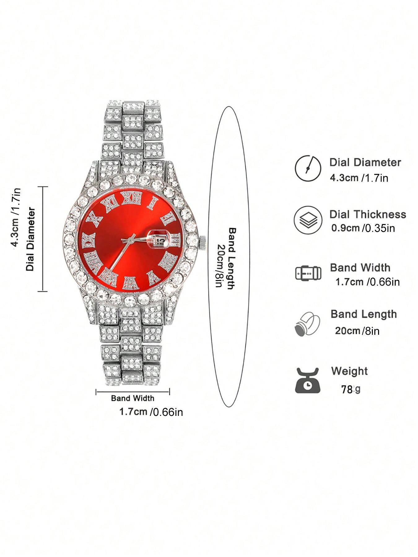 Men's Punk Style Rhinestone Decor Watch & Bracelet & Adjustable Cross Charm Necklace & Cuban Necklace, Trendy Jewelry Set, Exquisite As Gift with Box