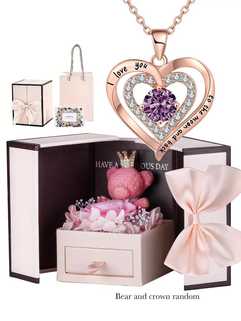 Elegant Heart Shaped Rhinestone Decor Pendant Necklace with Flower Rose Box, Fashionable Heart Design Necklace for Women, Elegant Jewelry for Wedding Party, Accessories, Valentine's Day, Gifts for Her, Mother's Day Gifts, Gift Set for Mothers, Love