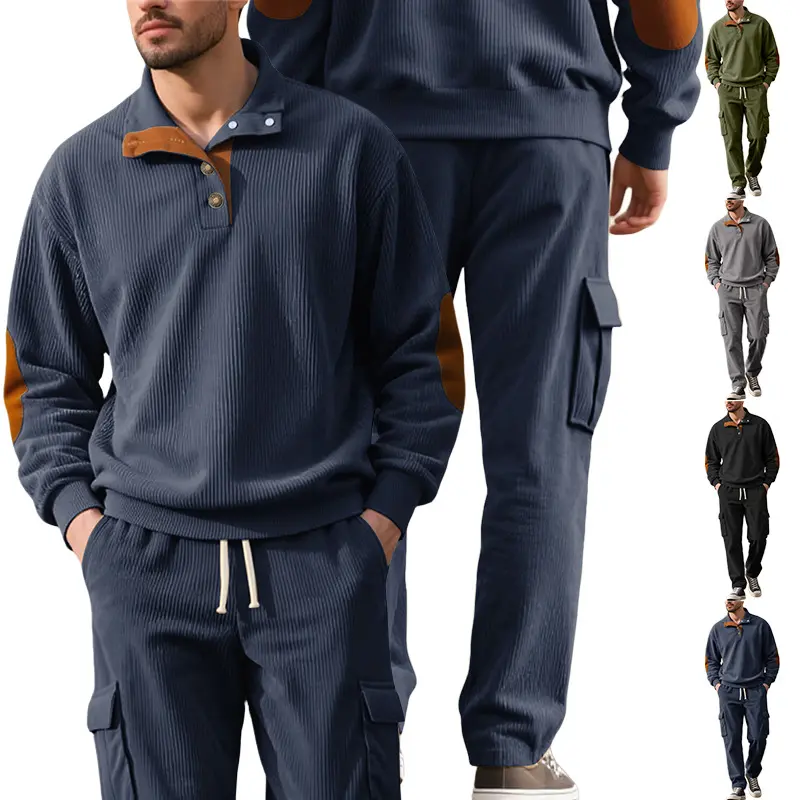 Men's Casual Sporty Corduroy Two-Piece Set (Long-Sleeve Collared Top & Loose-Fit Utility Pants) – Euro-American Style