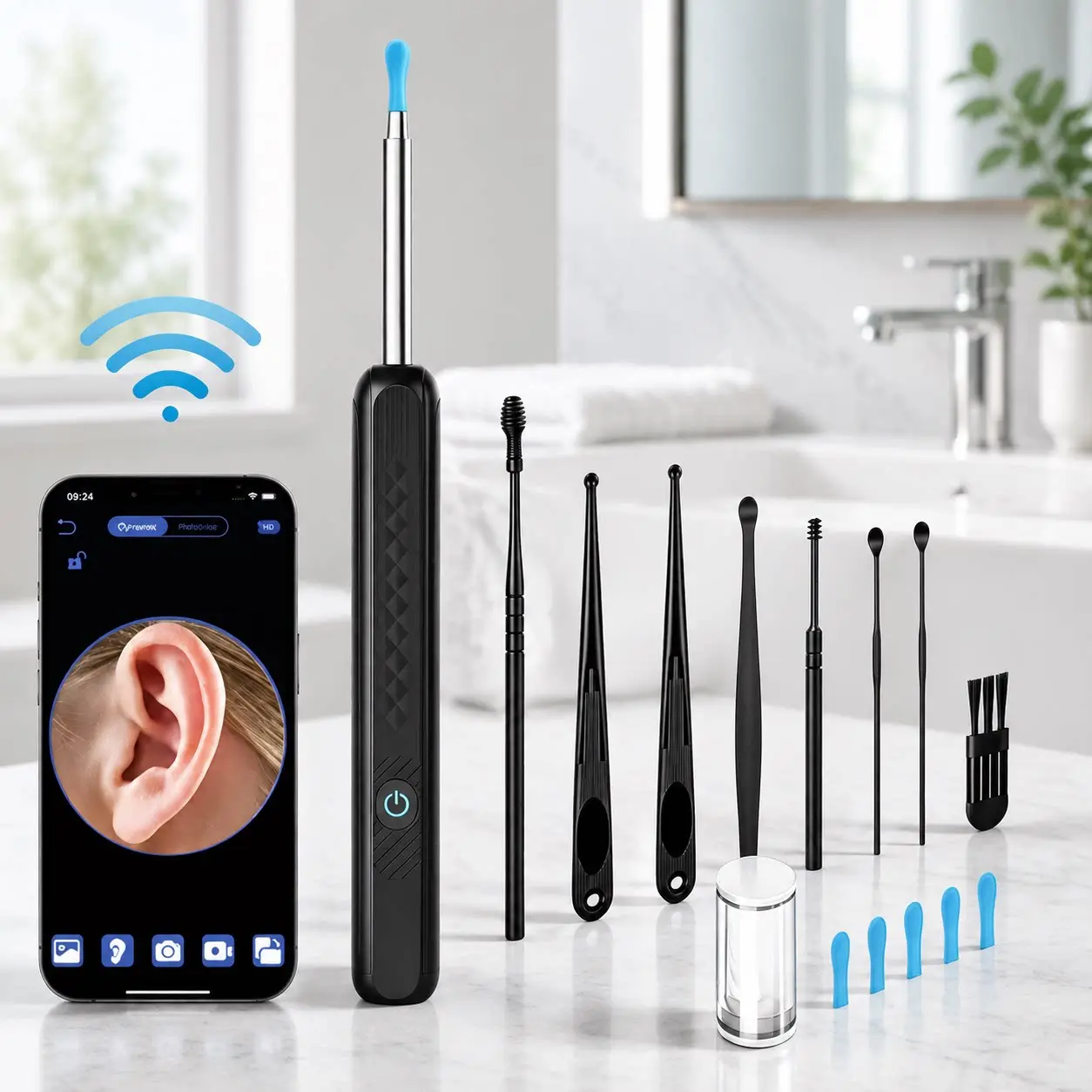 Ear Wax Removal Camera Tool, 1080P HD Wireless Otoscope with 6 LED Lights, 7 Ear Spoons & 5 Replacement Tips, Compatible with iPhone & Android, Portable Ear Cleaning Kit for Home Use, Family Ear Care