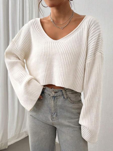 Casual Solid Color V Neck Drop Shoulder Crop Ribbed Knit Sweater
