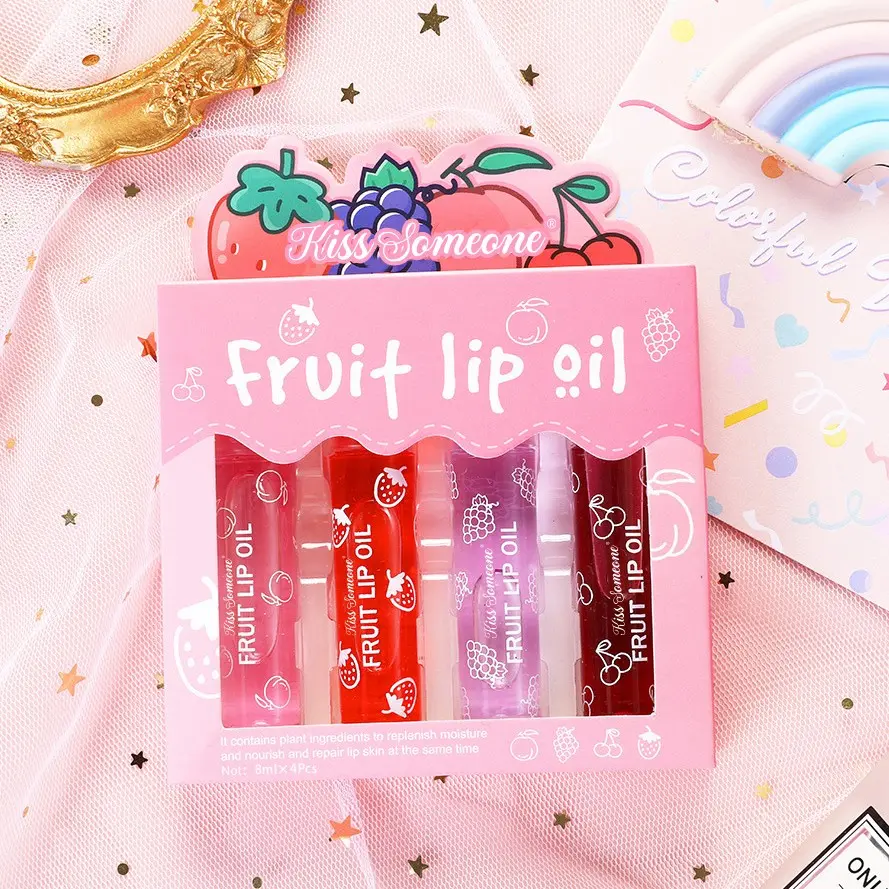 Kisssomeone 4 Pcs Fruit Rollerball Lip Oil Set, Moisturizing Lip Balm Liquid, Hydrating Rollerball, Peacho Strawberry Grape Cherry Flavors