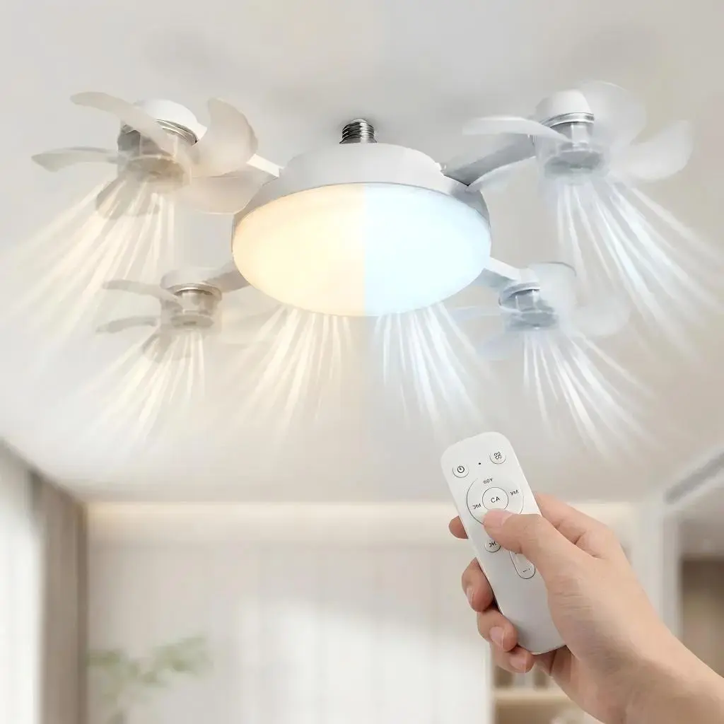 Ceiling Fan Light with Remote Control, 19.69 Inch Screw in LED Fan Light, E26E27 Base Foldable Ceiling Fan with 4 Fan Heads, Quiet Airflow & Bright Lighting, Easy Installation for Bedroom, Living Room, Kitchen, Office, Dorm, Small Room Use