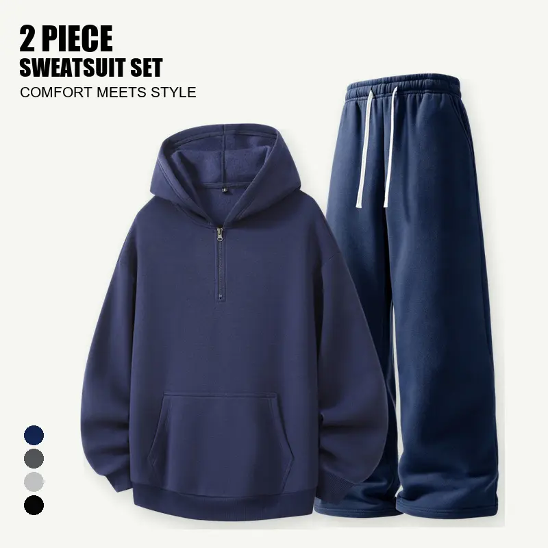 Men's 2-Piece Casual Sweatsuit, Matching Same Solid Color, Half-Zip Hoodie + Drawstring Sweatpants, Loose Fit and Pockets, Sizes S-XXL, Daily Lounge Travel Streetwear