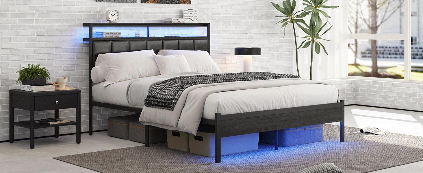Full Size Bed Frame with Charging Station and LED Lights, Black Upholstered Headboard with 2-Tier Storage Shelves, Metal Bed Frame with Headboard, No Box Spring Needed, Easy Assembly,Black