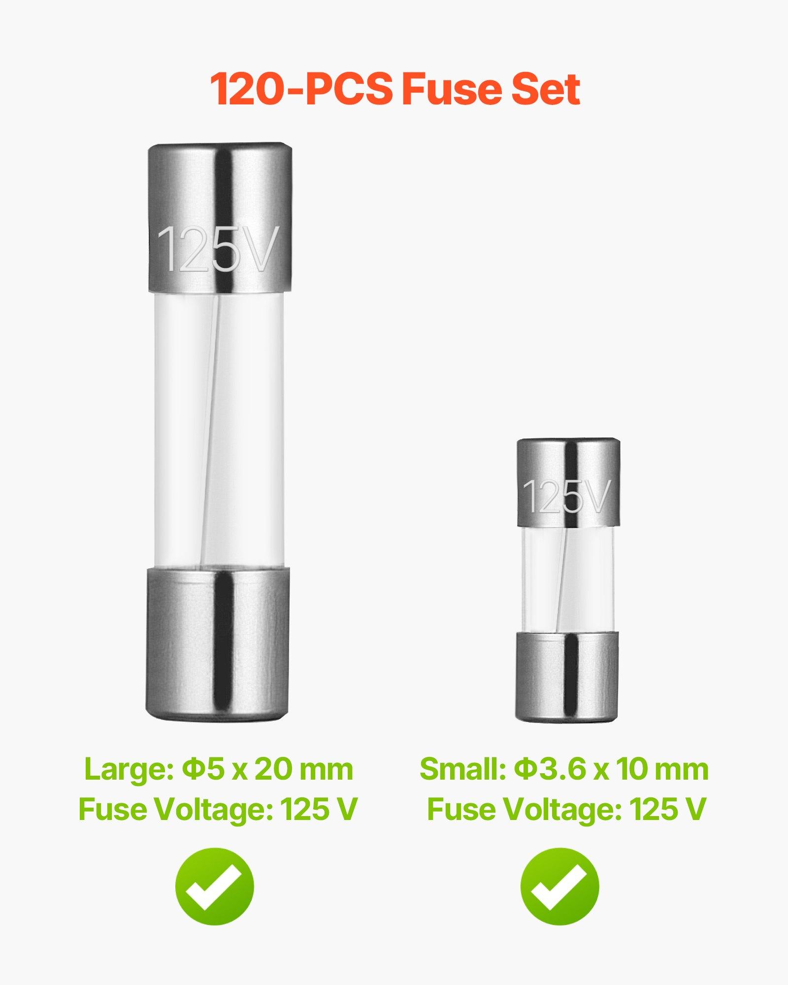 VEVOR Fast-Blow Glass Fuses Assortment Kit, 120 Pcs 125 Volt, 5 x 20 mm 1A 2A 3A 4A 5A 8A 10A, 3.6 x 10 mm 2.5A 3A 5A Tube Fuses, Suitable for Electrical Boxes, LED Strips, Electronics, Appliances