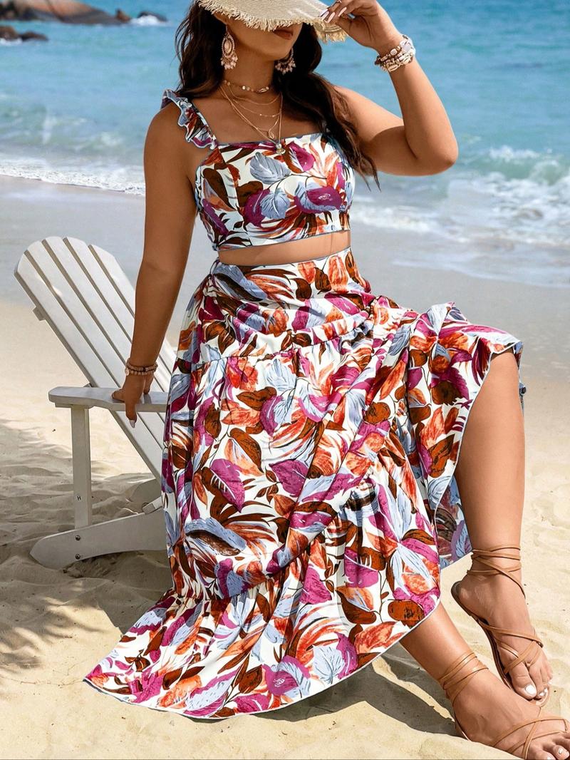 【Plus Size】 Leaf Print Crop Top & Skirt Set, Boho Fashion Casual Two-piece Set for Beach Vacation Holiday, Women's Clothing for All Seasons