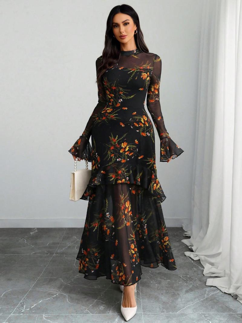 Women's Floral Print Dress, Elegant Gothic Long Sleeve Dress for Party Holiday Wedding Guest, Chic Ladies Clothes for All Seasons, Floral Formal Longsleeves Womenswear, Elegant Dresses