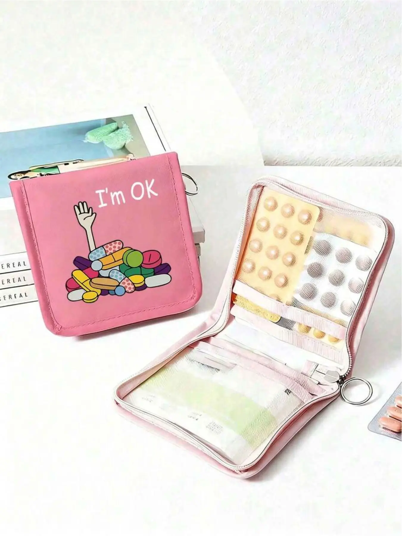 Portable Pill Bag with Cute Cartoon Pills and 'i'm Fine' Text, Compact Medicine Box and First Aid Kit, Ideal for Travel, Daily Use, Outdoor, Dorms