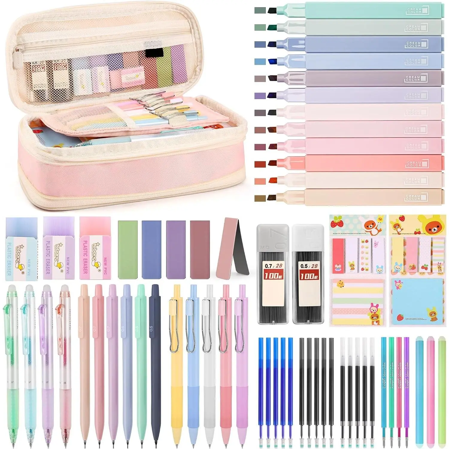62PCS Aesthetic Stationery Set with Foldable Pencil Case, Pink | No Bleed Highlighters, Gel & Erasable Pens, Mechanical Pencils, Cute College School Supplies for Note Taking, Journaling