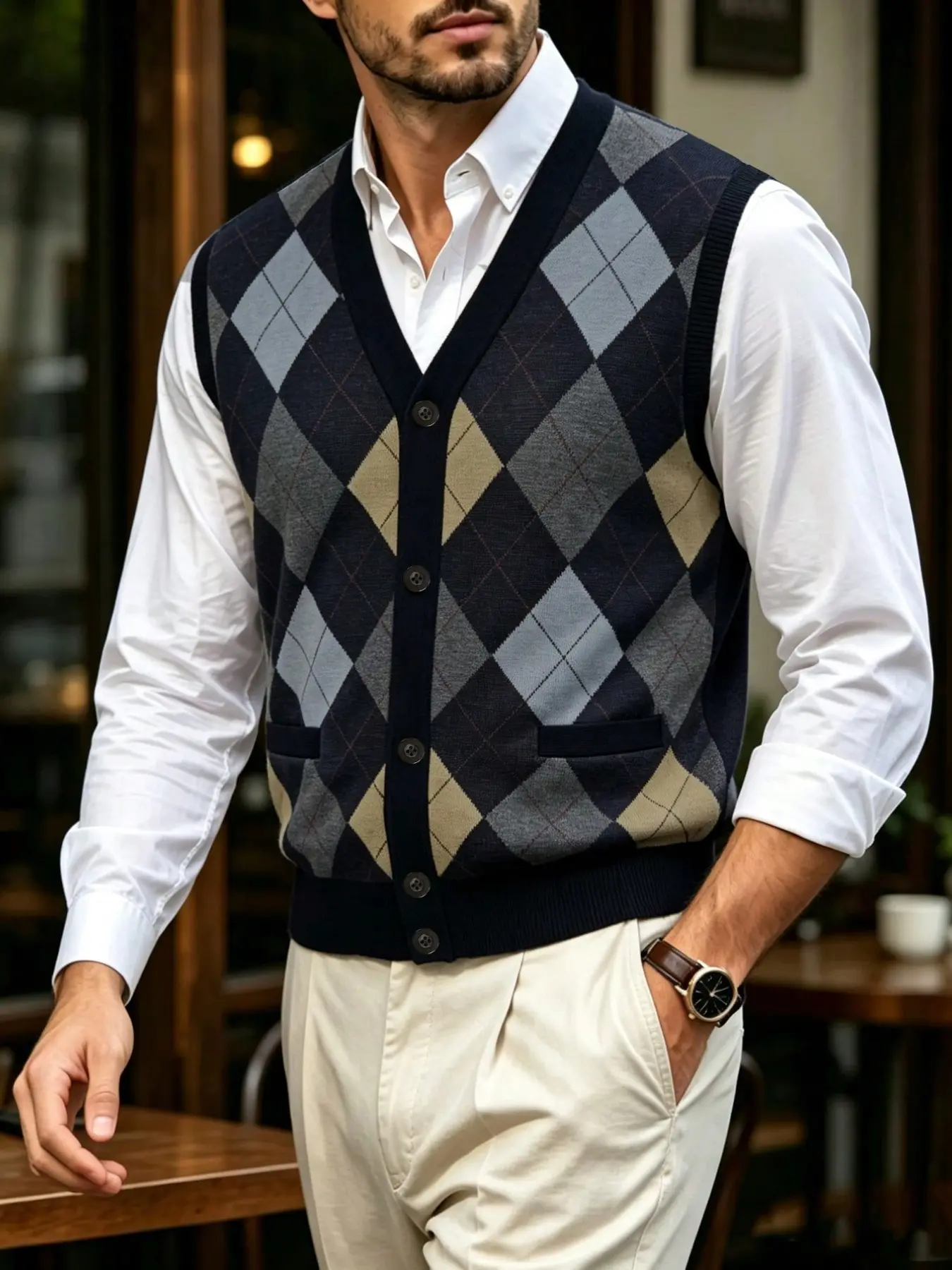 Men's Fall Winter Colorblock Plaid Knit Vest, Vintage Casual V-Neck Cardigan, Layering Top for Daily Wear, Stylish Underwear Shirt