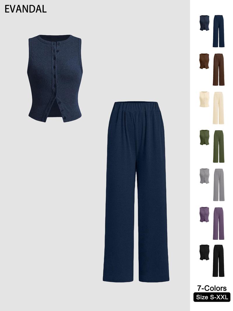 Women's Solid Ribbed Button Tank Top & Straight Leg Pants Two-piece Set, Casual Sleeveless Top & Trousers for Daily Wear, Ladies Two-piece Outfits for All Seasons, Clothes,Airport Outfit