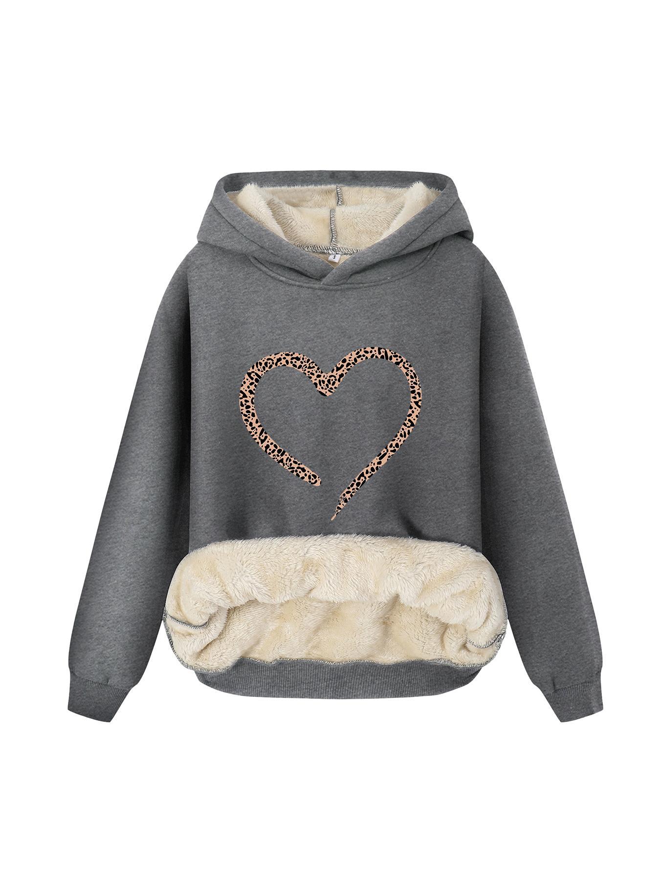 Women's Butterfly & Heart Print Plush Lined Hoodie, Casual Long Sleeve Hooded Sweatshirt for Fall & Winter,  Hoodies for Women, Women's Clothes for Daily Wear