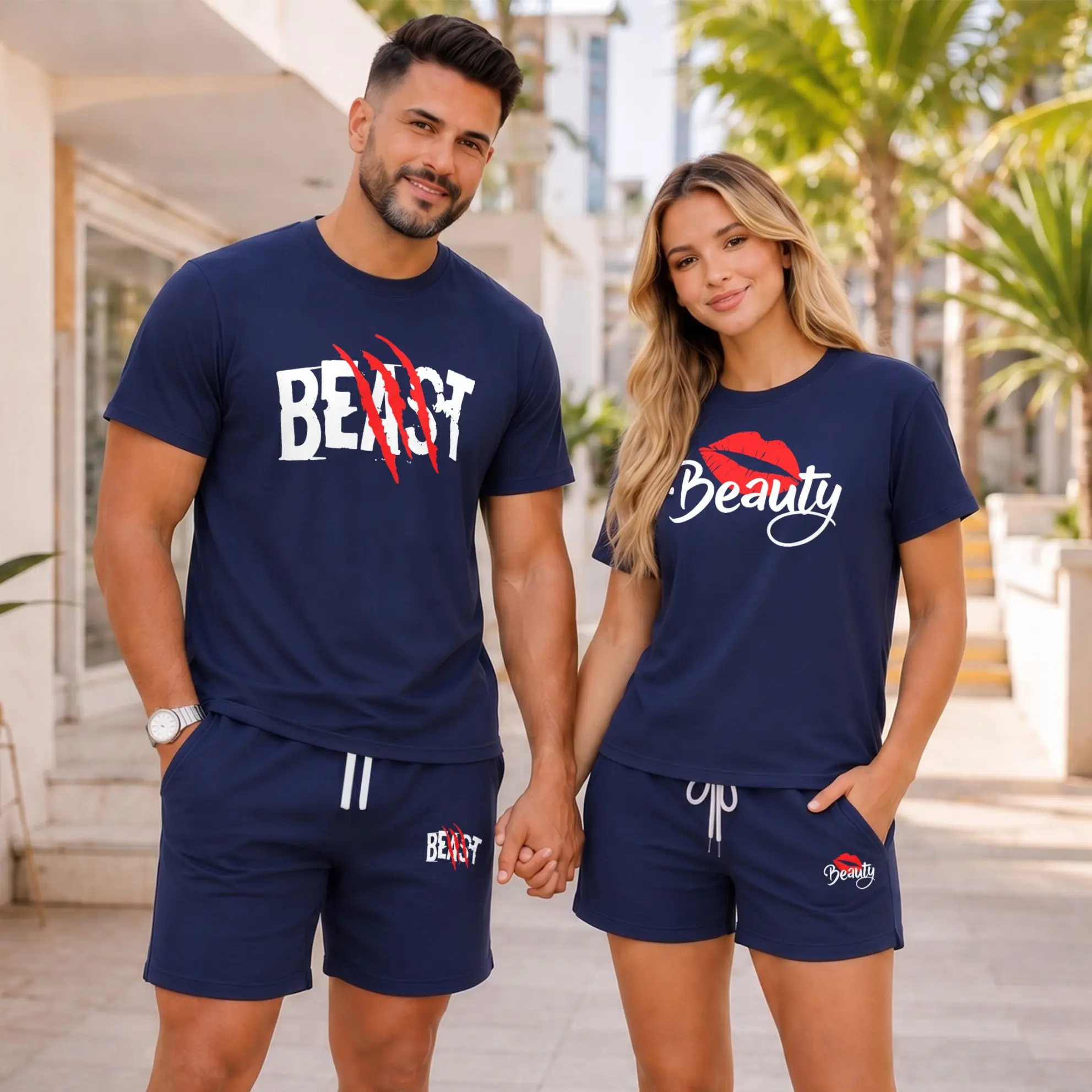 Matching Couple Beauty and Beast Short Sets, Graphic Tee and Shorts Two Piece Outfit, Soft Casual Summer Matching Set for Couples, Vacation, Streetwear, Weekend, Daily Style