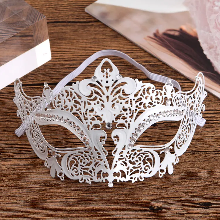 Elegant Masquerade Mask for Women, Venetian Metal with Lace Cutout Design and Rhinestones, Halloween Accessories, Hollow, Metal Face Covering Masks & Accessories, Rhinestone Accents