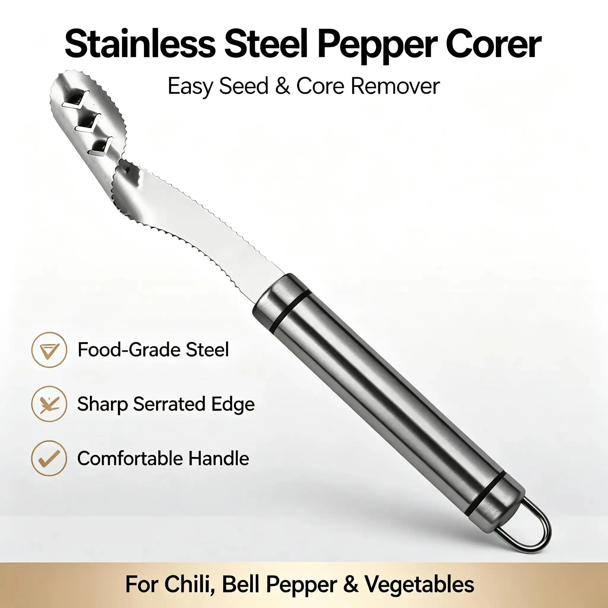 Stainless steel tool for removing the core and seeds from peppers, a pepper and chili corer, a multi-purpose tool for removing the core and seeds from vegetables such as tomatoes and cucumbers, a kitchen utensil.