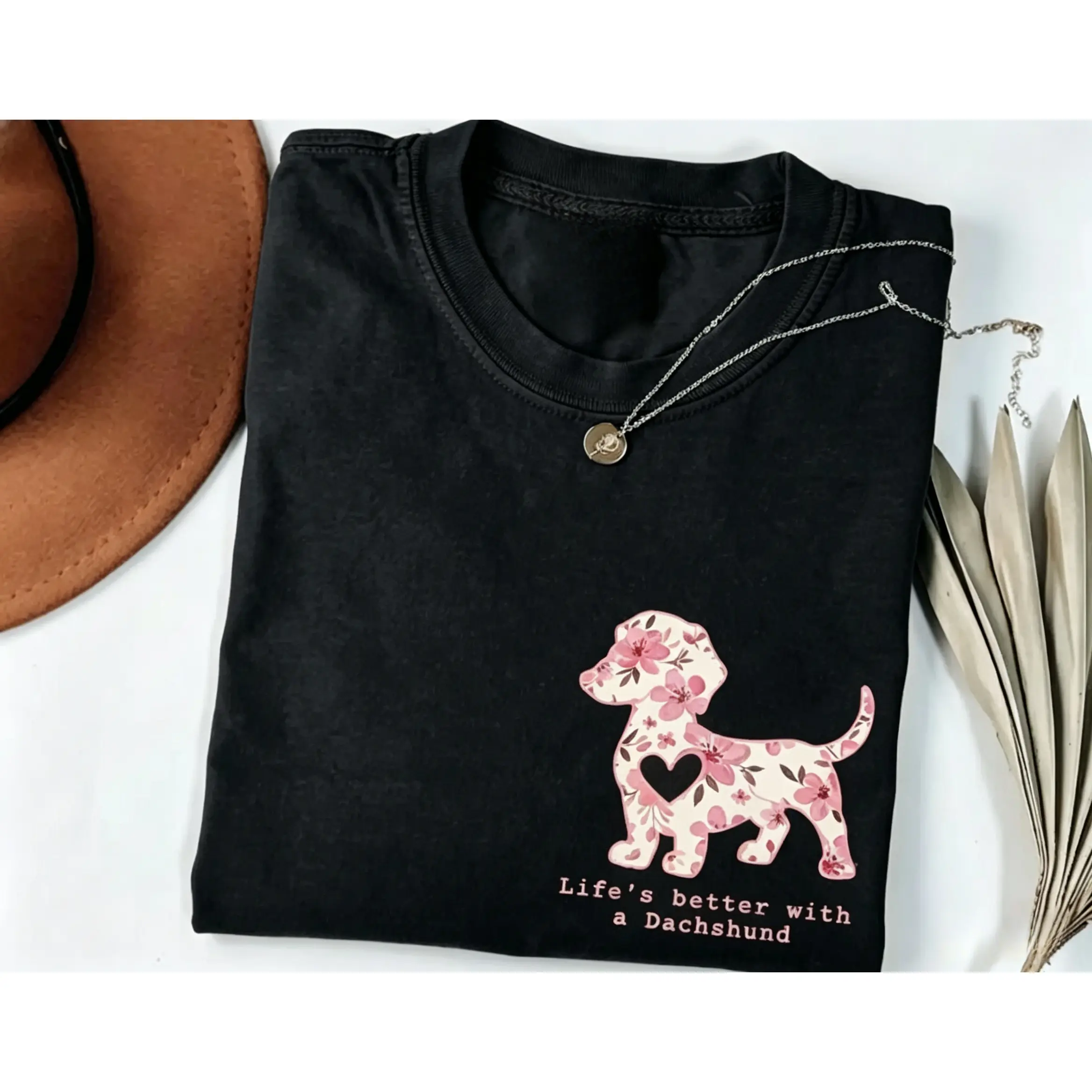 Women's T-Shirt with Floral Dachshund, Soft Cotton Digital Print Tee for Doxie Moms, Casual Basics Top for Animal Lovers, Check Size Chart, Animal Lover Women's T-Shirts, Cute Animal Graphic Women's T-Shirts