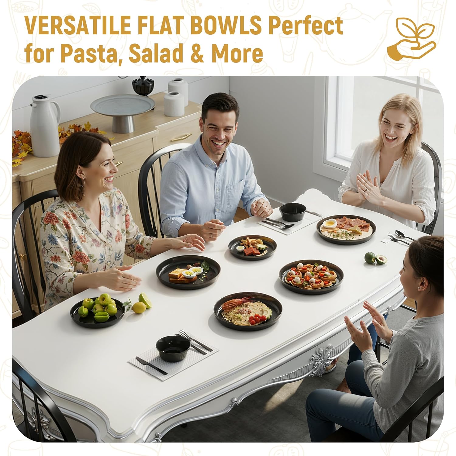 20 count Apartment Essentials Dinnerware Set, Stackable Space-Saving Plates & Large Flat Bowls (Pasta/Salad), Modern Matte Unbreakable Plastic Dishes, Microwave Safe, Black