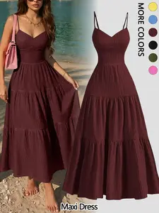Elegant Plain Color Long Dress with Thin Straps and Layered Ruffle Waist, Casual Fitted Women's Clothing, Lightweight and Comfortable [Maxi Dress]