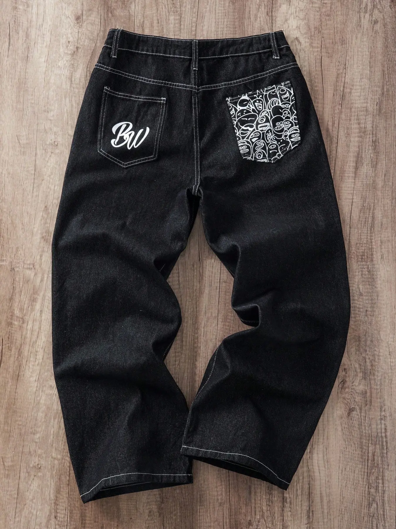 Men's Vintage Washed Letter Graffiti Print Pocket Straight Leg Jeans, Y2K Streetwear Street Fashion Loose Baggy Long Pants, All Seasons
