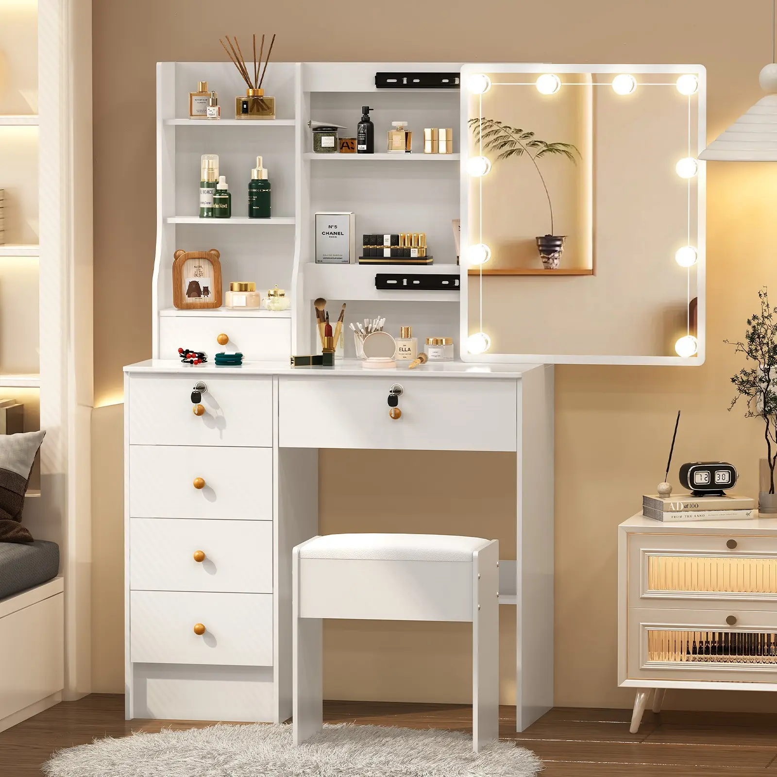 Modern Compact Adjustable Backlit Makeup Vanity Set - Makeup Dressing Desk Furniture with 10 LED Mirror, Drawer, Stool for Bathroom Vanity Organization, Beauty Prep Use, Dream Vanity