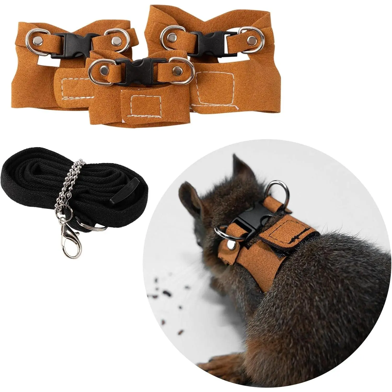 3Pcs Adjustable Rat Harness and Leash Walking Training Vest Traction Rope for Small Animal Squirrel Gerbil Chinchilla Brown