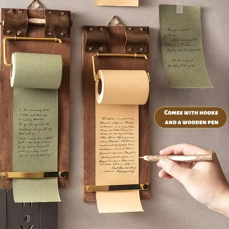 Wall-Mounted Memo Board with Roll Paper, Retro Style Wooden Material, No Power Needed, Ideal for Home & Office Decor
