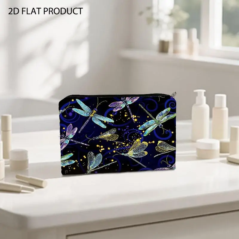 Vibrant Dragonfly Starry Pattern Makeup Bag, Double-Sided Printed with Iridescent Wing Details & Golden Sparkles, 5.9*8.66inch Portable Cosmetic Pouch for Daily Storage & Travel Organizing