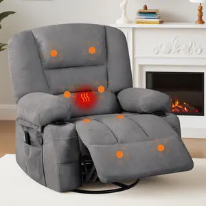Garvee 360° Swivel Recliner Chair with Vibration Massage and Heating, Plush Chenille Upholstery, Storage Armrest, Cup Holder, Remote Control - Ideal for Living Room, Bedroom, Home Theater in Grey