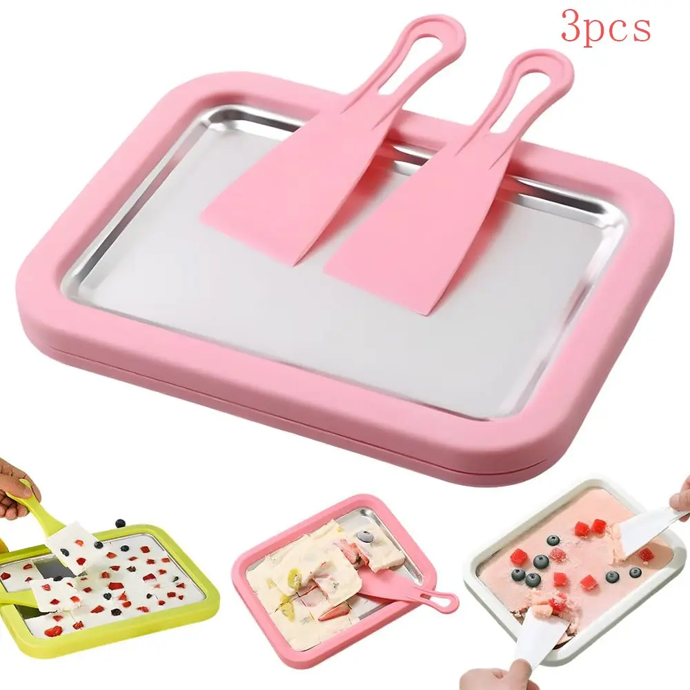 3-Piece Spiral Ice Cream Maker Set, Instant Freezing Tray & 2 Scrapers, Stainless Steel Dessert Machine, Kitchen Utensils & Gadgets