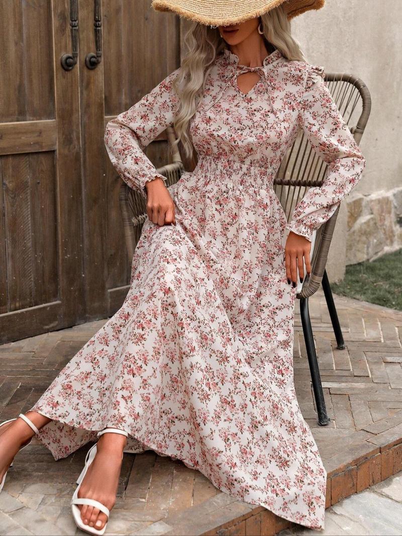 Women's Floral Print Self-Tie Neckline Dress, Fall Winter Long Sleeve A-Line Skirt Set, Bohemian Elegant Style, Slimming Waist Design
