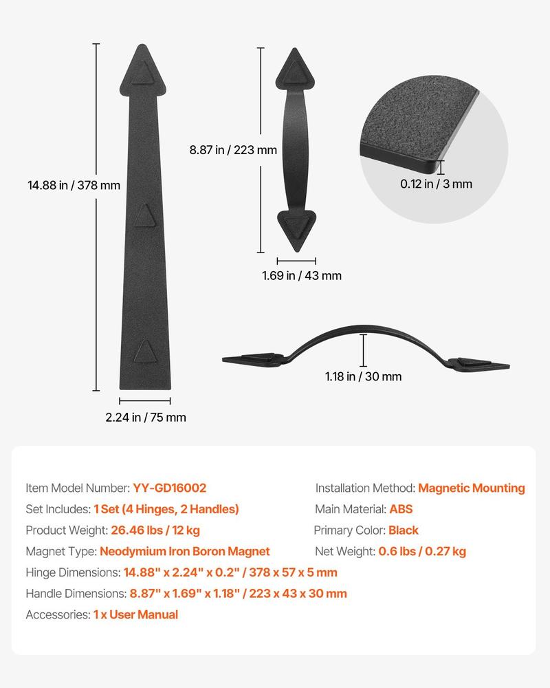 VEVOR Magnetic Garage Door Hardware Kit, Decorative Garage Door Hinges Handles, Black Carriage House Accents, No Installation Needed, 4 Hinges and 2 Handles for Barn Gate Curb Appeal