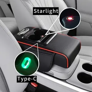 Multi-Functional Car Armrest Cover with Starlight Lamp, 2 Type-C Ports, Expandable Storage Box, Cup Holder, Phone Slot, Leather-Like Material