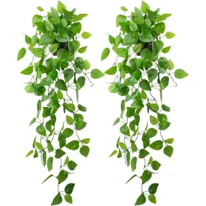 2 Pack Small Artificial Hanging Plants with Faux Ivy Vine and Hanging Pothos 39Inch Fake Plant Realistic Greenery for Shelf Decor in Home, Office, Rustic Cedar Garland Pine Cones