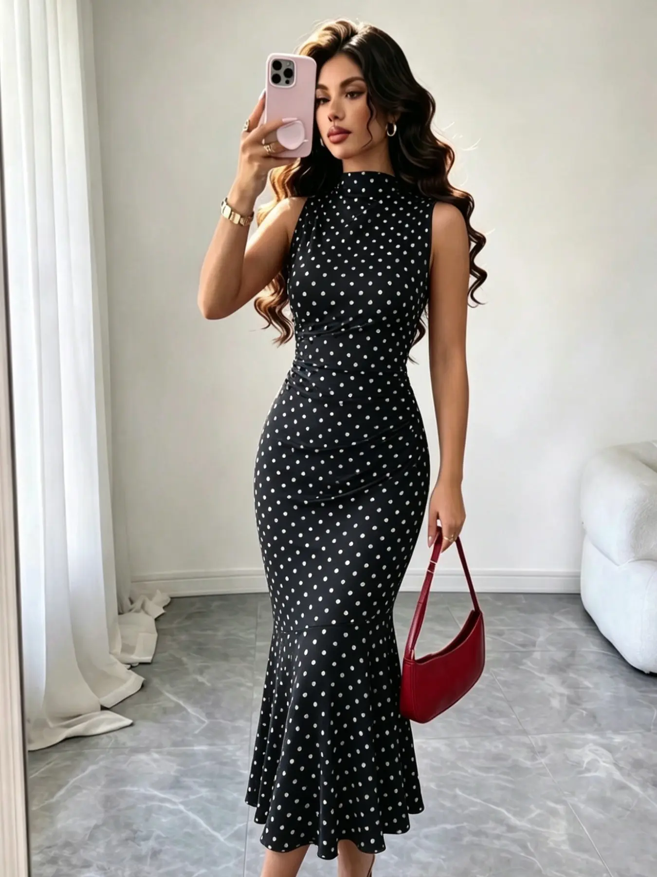 Half High Neck Sleeveless Polka Dot Fish Tail Dress, Waist Ruched Slim Fit, Retro Style, Perfect for Office and Dates, Highlights Curves