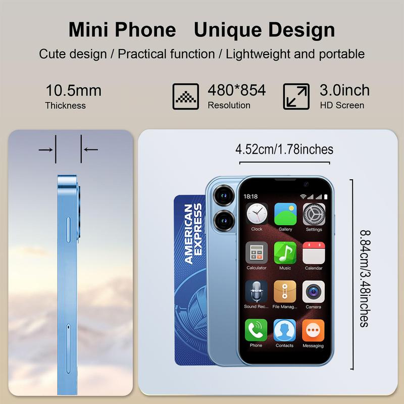 Pocket Smartphone, 3-Inch Full-Screen Display, Mtk6580 Quad-Core Processor, Dual Sim Global Network, 2GB+16GB Memory, Ai Camera, Type-C