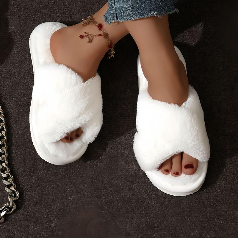 Cross Warm Fluffy Furry Slippers Women Lightweight Flat Heels Fur Slides Woman Autumn Winter Open Toe Non Slip Home Floor Shoes