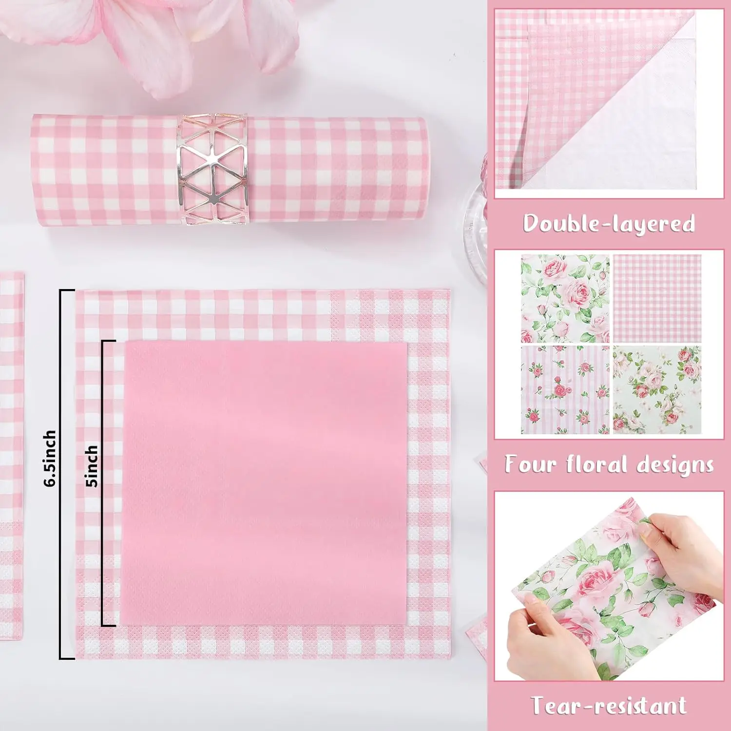 Disposable Pink Floral Flowers Napkins, 80 Pcs - 6.5 in Vintage 2-Ply Spring Paper Napkins for Decoupage, Tea Party DIY Painting Supplies (Toys & Hobbies DIY Category), Disposable Napkins