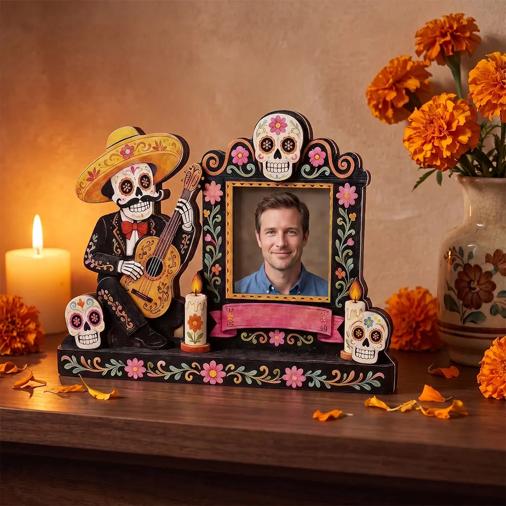 1 Set (Single Frame) Day of the Dead Sugar Skull Photo Frame - Wood Suitable for Home Altar, Mantel Display, Vertical Tabletop Frame with Marigold Floral Painted Frame, Holds 3-inch Photos for Dia De Los Muertos Picture Frame Ornament