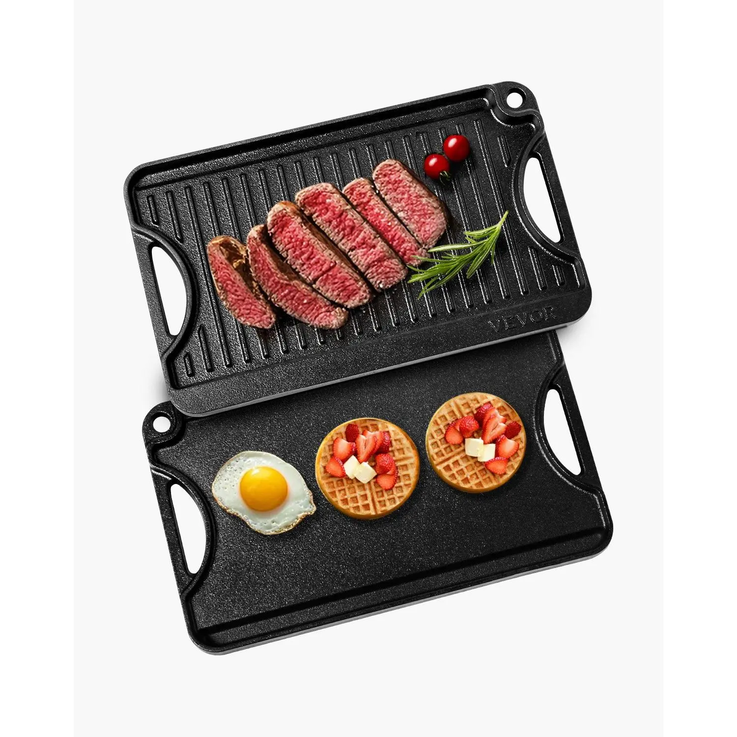VEVOR Reversible Cast Iron Grill-Griddle, 14x8.5 in Pre-Seasoned Rectangular Pan with Handle Grip, Stovetop Safe Portable Family Cookware for Indoor/Outdoor Gas, Camping BBQ, Black