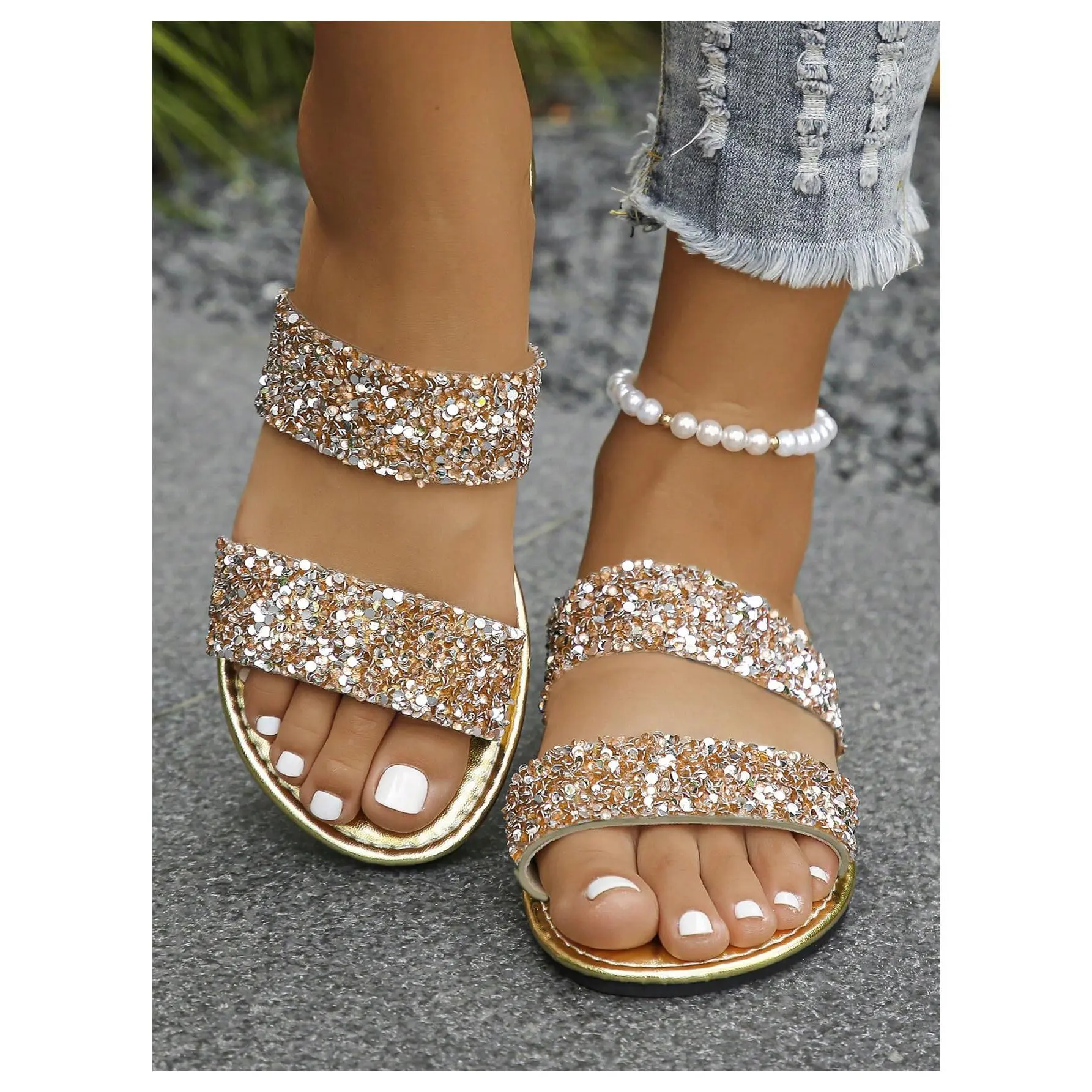 Metallic Sequin Sandals Double Straps Open Toe Slide On Flats Sparkly Outdoor Sandals