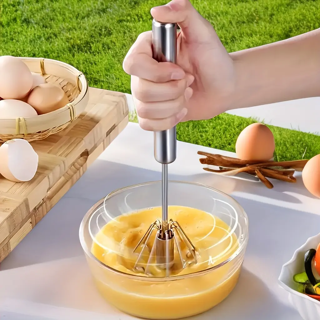 10 Inch Portable Semi-Automatic Rotary Egg Whisk, Manual Handheld Mixer for Home Baking, Camping & Picnics, Effortlessly Mix Eggs, Cream & Batter for Perfect Results