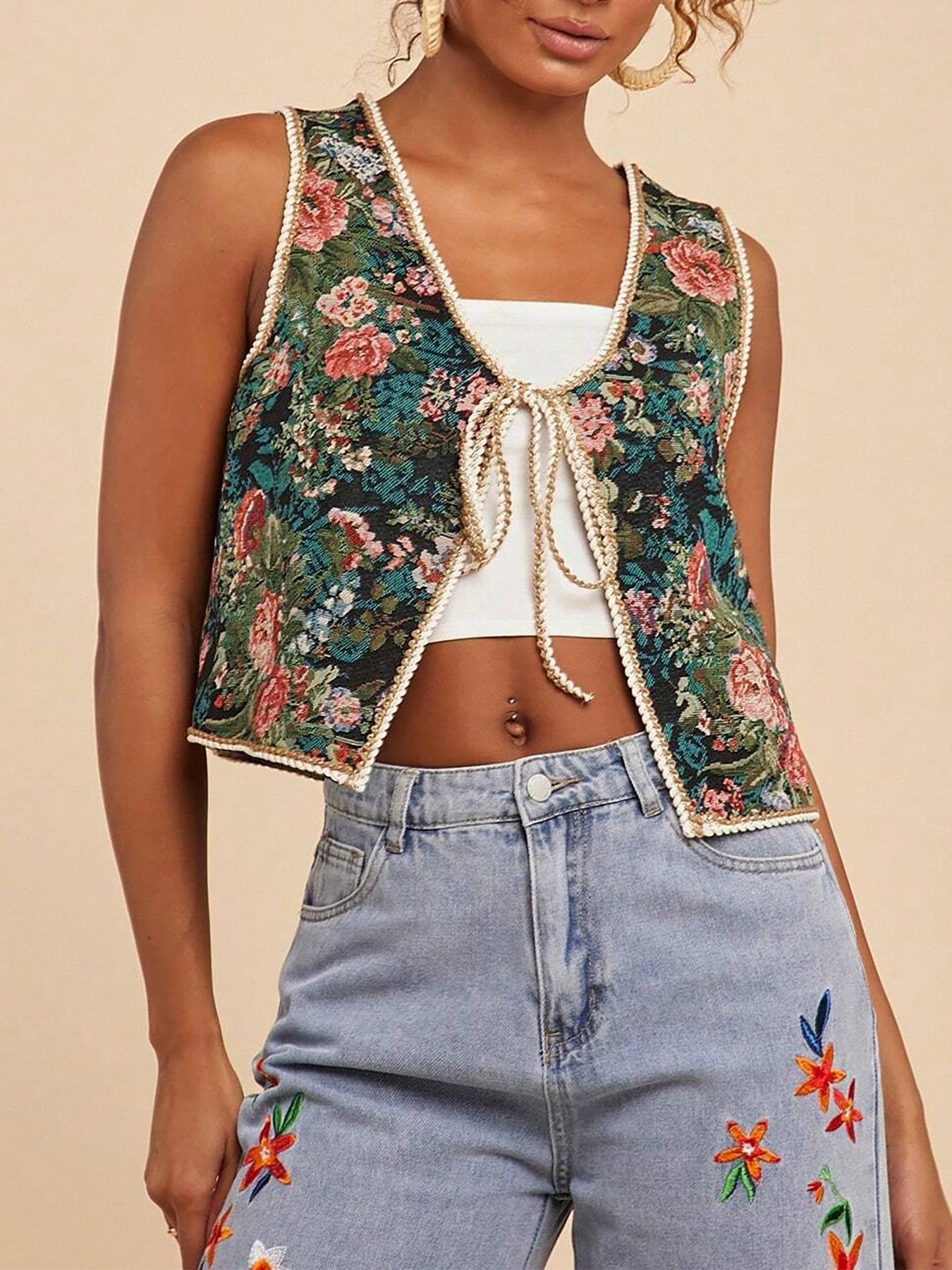 Women's Floral Pattern Tie Front Fitted Lightweight V Neck Vest, Boho Sleeveless Outerwear for Beach Vacation Holiday, Ladies Clothes for All Seasons