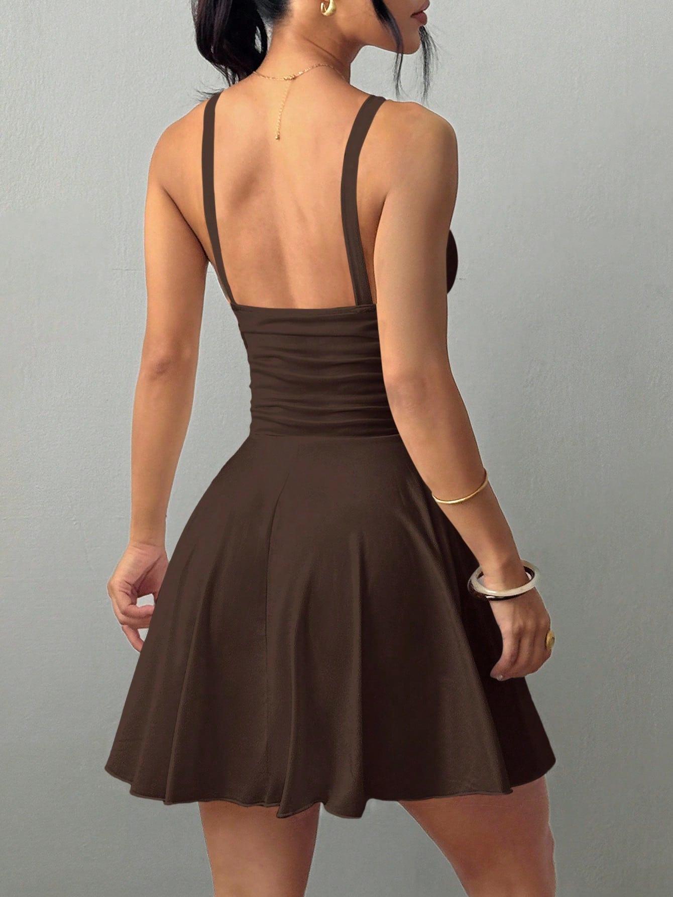 Women Sexy Ruched Mini Dress Sleeveless Spaghetti Strap A Line Skater Dress Solid Color Summer Sundress Backless Party Clubwear