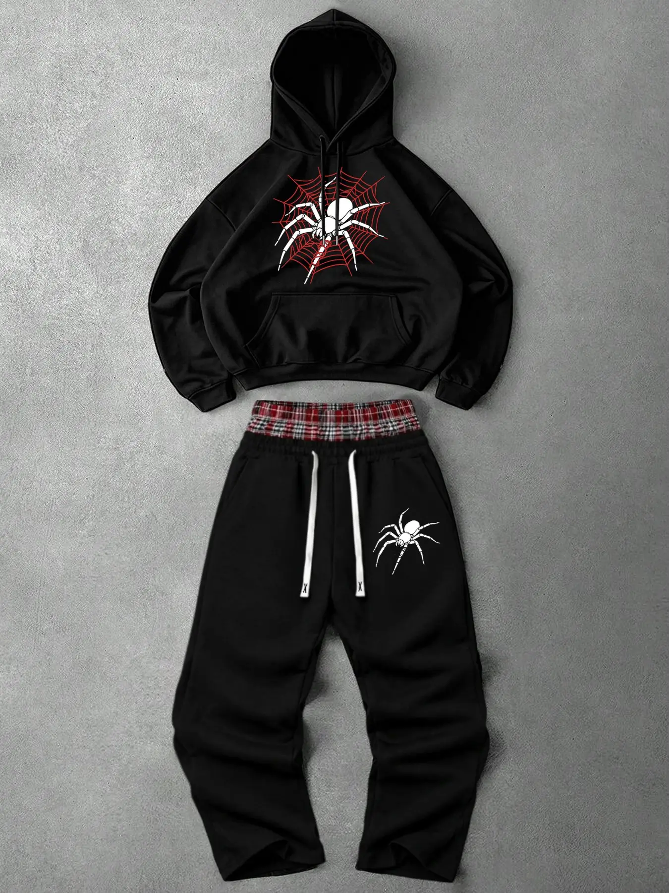 Men's Fall Winter Street Style Hoodie Set, Spider Print Sweatshirt & Loose Fit Pants, Casual Daily Wear, Perfect Gift for Him, Sweatsuit Set