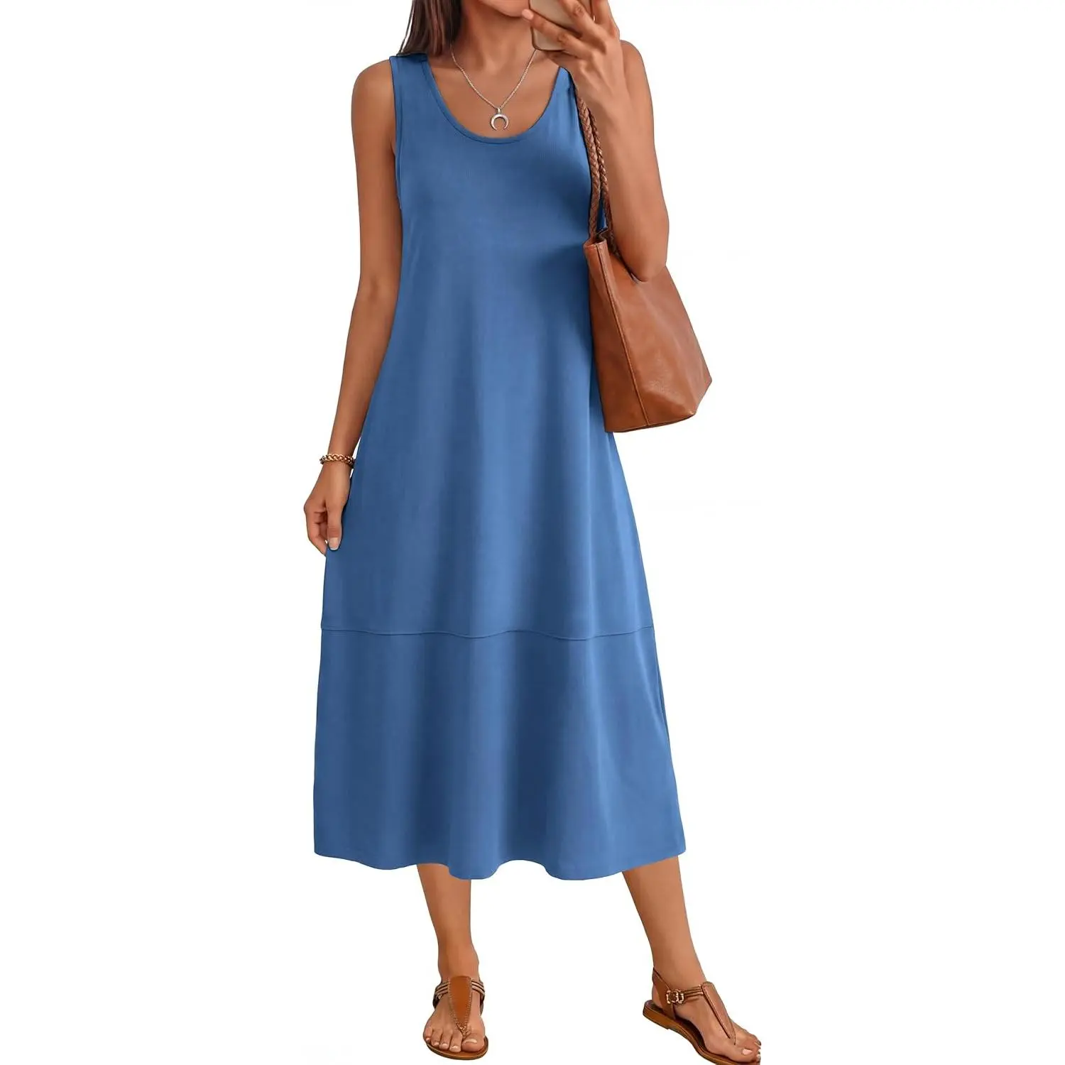 Womens Summer Cotton Midi Dress Sleeveless Vacation Beach Casual Tank Dresses Long Sundress Trendy
