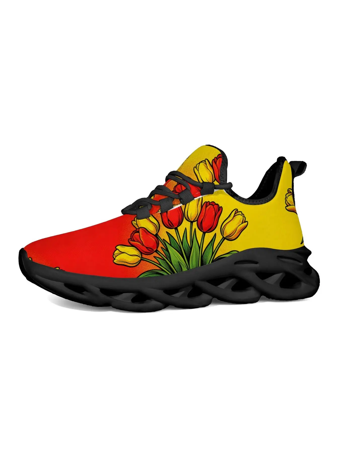Retro Comic Tulip Flower Pattern Running Shoes, Red Yellow Pop Art Floral Print Sneakers, Breathable Mesh Lightweight Non-Slip Casual Athletic Shoes for Women Girls Vintage Style