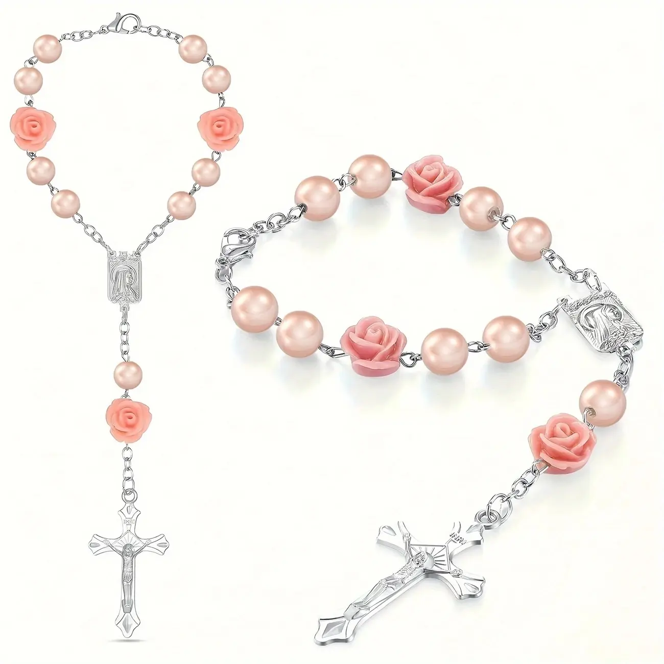 Car Rosary with Mirror & Cross Pendant, Catholic Prayer Beads with Rose Medal, Ideal Car Decor for Men and Women